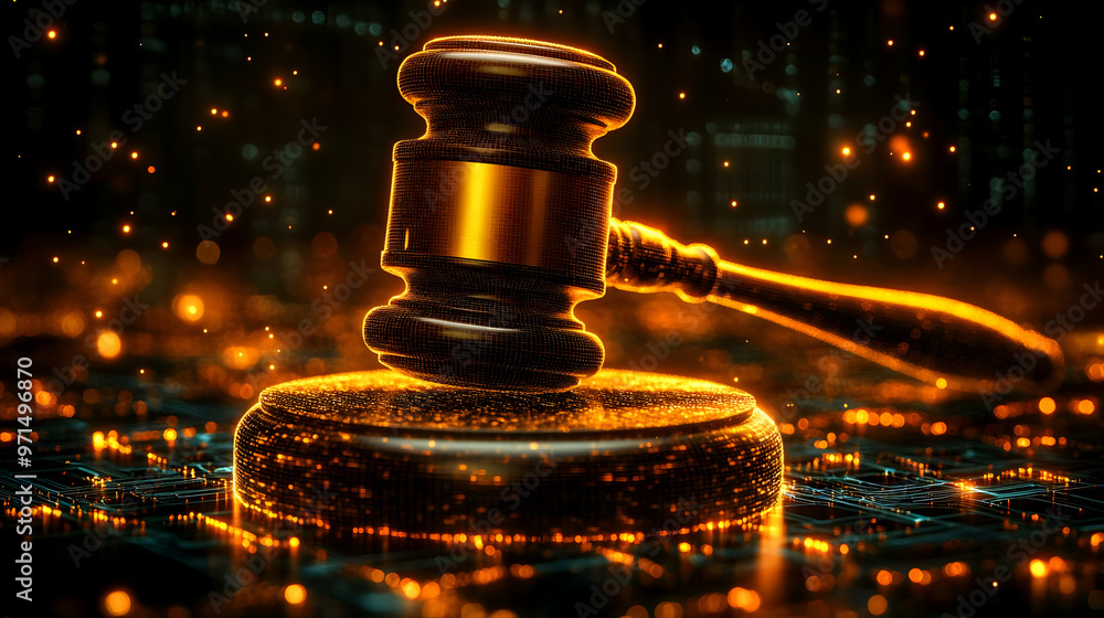 A glowing gavel on a digital backdrop, symbolizing justice and technology. A glowing gavel on a digital backdrop, symbolizing justice and technology.