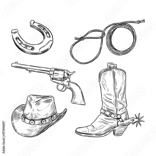 cowboy set vector line art illustration