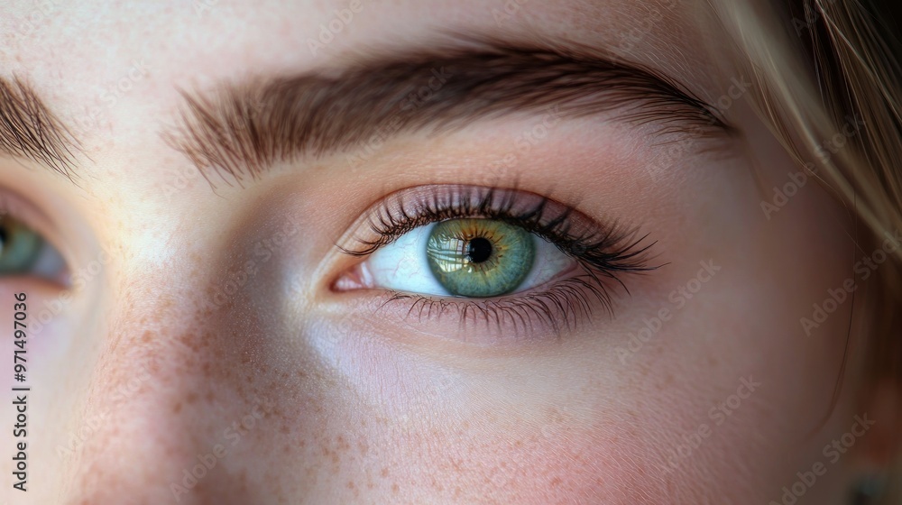 Fototapeta premium Close-up of a Person's Green Eye with Long Eyelashes