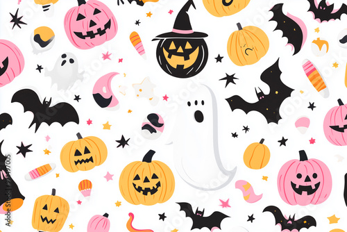 white background Halloween pattern with various clean detailed cartoon elements, such as ghosts, pumpkins, and witches