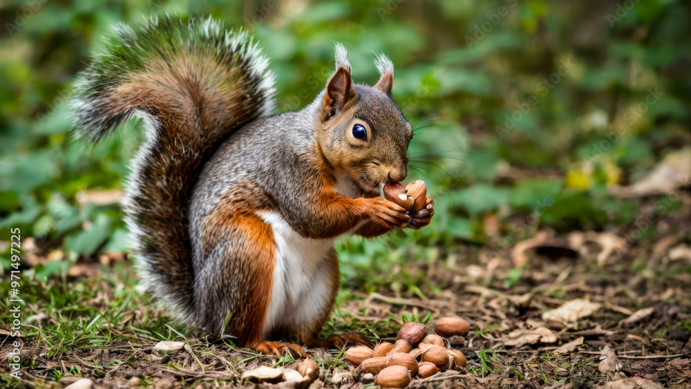 A portrait of a grey squirrel eating hazelnuts from the forest floor. A portrait of a grey squirrel eating hazelnuts from the forest floor.