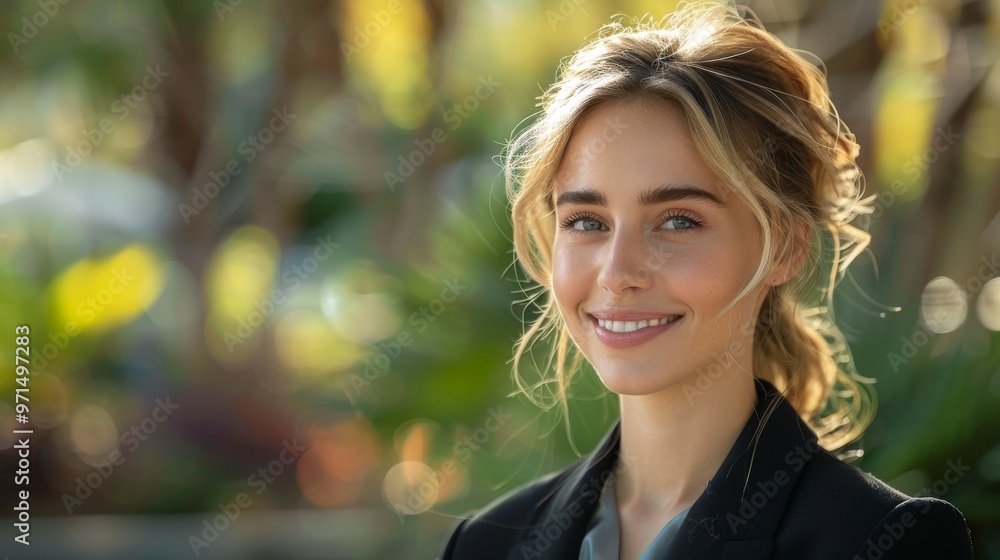 Businesswoman in formal attire, smiling confidently while looking to the side, standing in a modern outdoor workspace Businesswoman in formal attire, smiling confidently while looking to the side, standing in a modern outdoor workspace