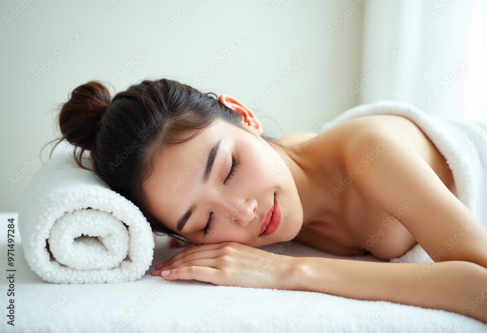 Beautiful Asian woman relaxing and sleeping in spa salon with white towel skincare massage treatment wellness and healing concept Beautiful Asian woman relaxing and sleeping in spa salon with white towel skincare massage treatment wellness and healing concept