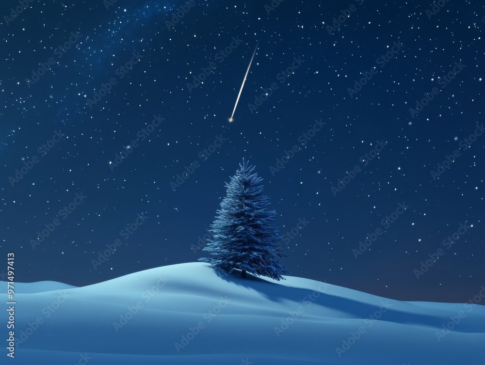 Fototapeta premium A Single Pine Tree Stands Tall on a Snow Covered Landscape Under a Night Sky With a Shooting Star
