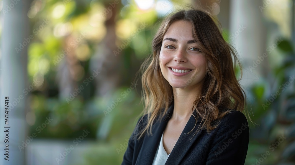Businesswoman in formal attire, smiling confidently while looking to the side, standing in a modern outdoor workspace Businesswoman in formal attire, smiling confidently while looking to the side, standing in a modern outdoor workspace