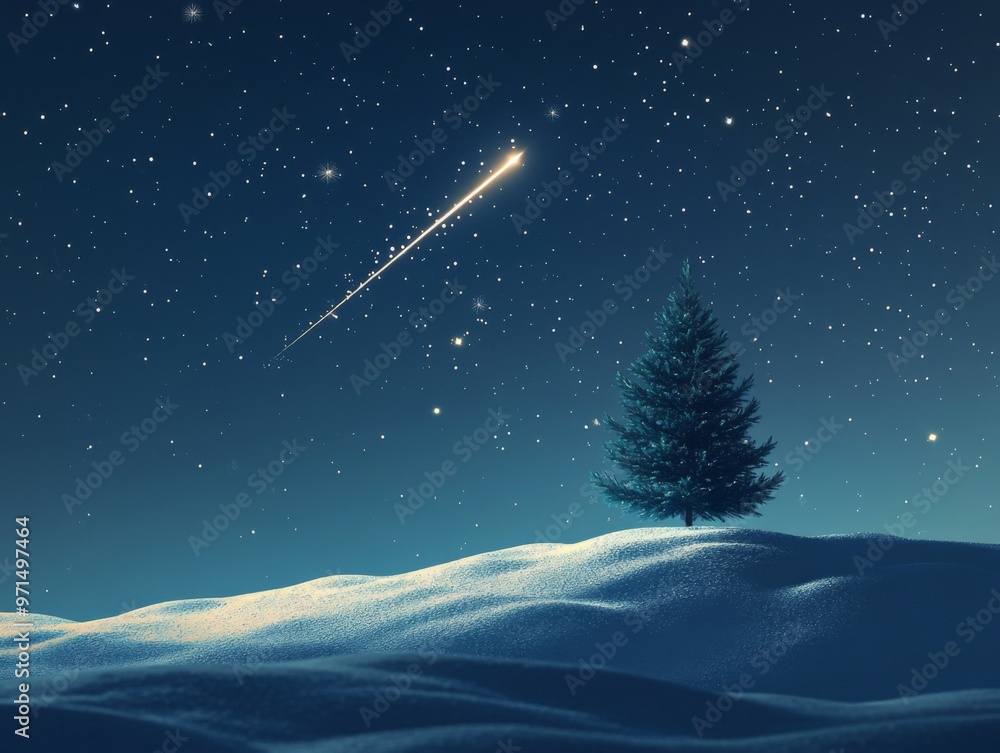 Naklejka premium A lone pine tree stands on a snowy hill under a starry night sky with a shooting star.
