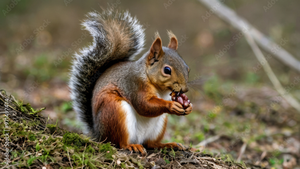 A portrait of a grey squirrel eating hazelnuts from the forest floor. A portrait of a grey squirrel eating hazelnuts from the forest floor.