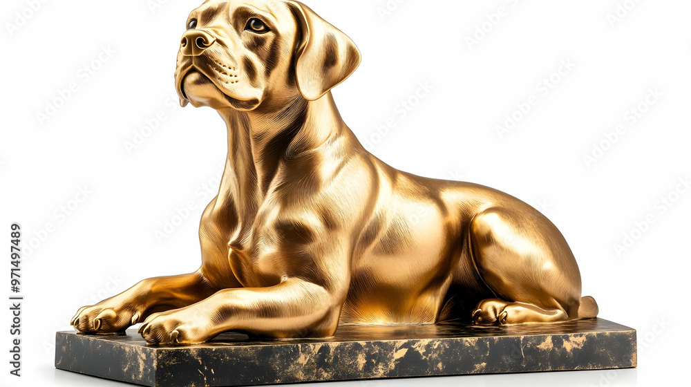 A golden sculpture of a dog lying on a marble base, showcasing artistry and elegance. A golden sculpture of a dog lying on a marble base, showcasing artistry and elegance.