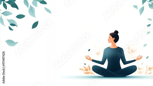 A woman sitting in a lotus pose with her eyes closed, surrounded by leaves and a white background.