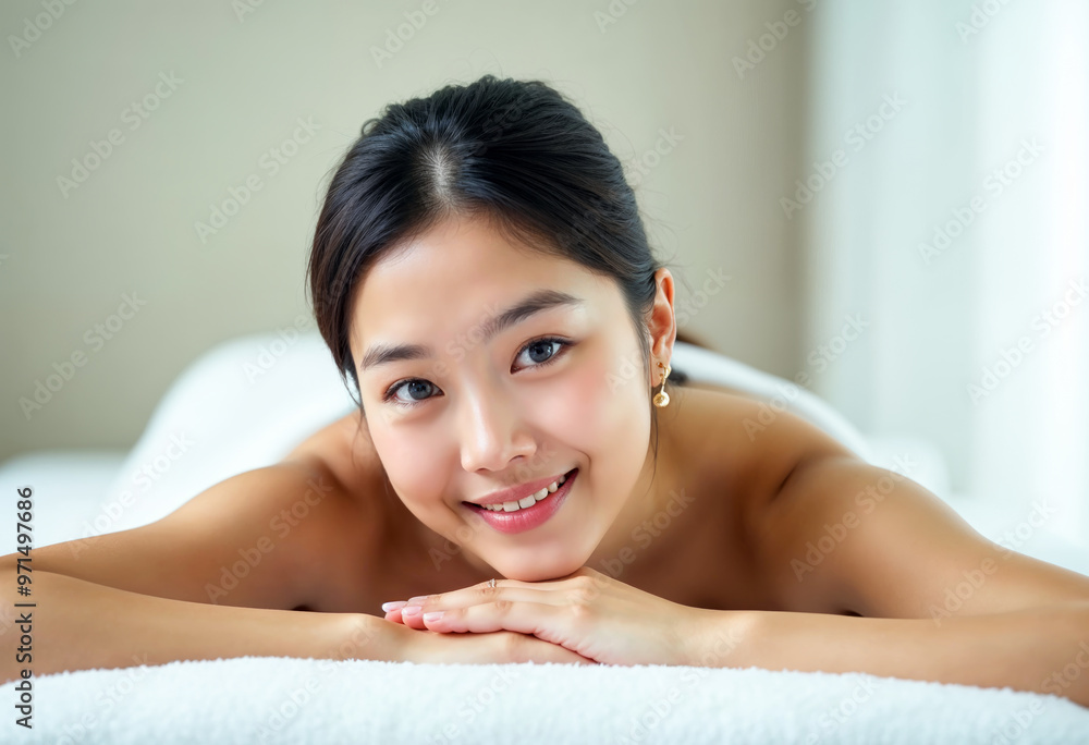 Beautiful Asian woman relaxing in spa salon smiling with fresh and clean skin after treatment Wellness beauty and health care concept Beautiful Asian woman relaxing in spa salon smiling with fresh and clean skin after treatment Wellness beauty and health care concept