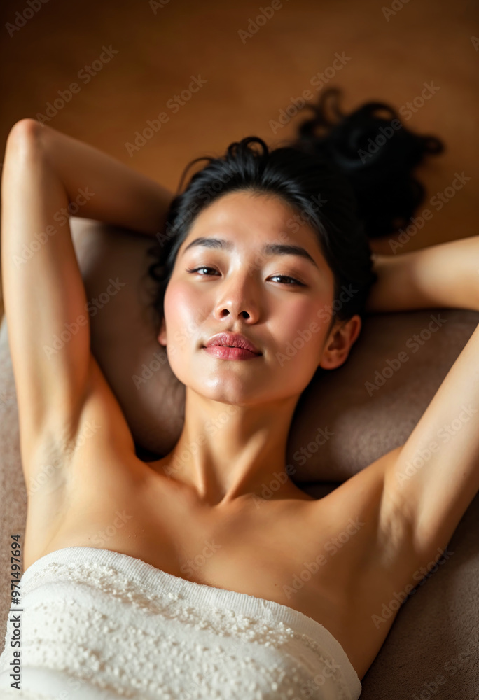 Portrait beautiful asian woman lying relaxing spa wellness body care treatment skin tan soft glowing healthy natural makeup hair cosmetics perfect skincare lady girl looking camera lying sofa resort Portrait beautiful asian woman lying relaxing spa wellness body care treatment skin tan soft glowing healthy natural makeup hair cosmetics perfect skincare lady girl looking camera lying sofa resort