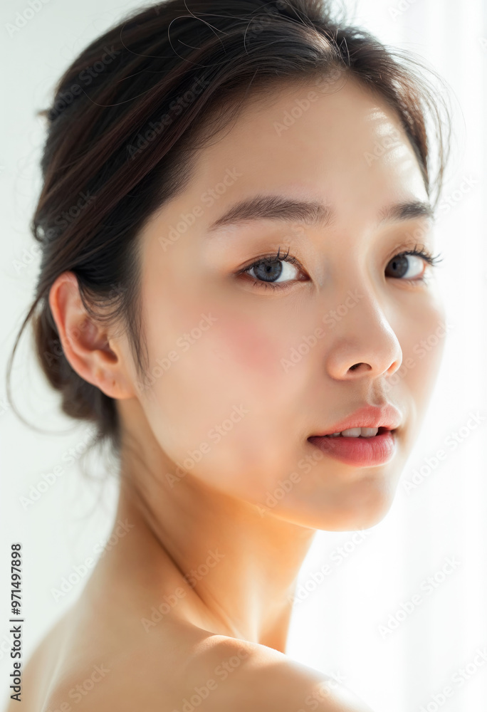 Naklejka premium Beautiful Asian woman healthy skin care female portrait lady cosmetic beauty model spa girl natural makeup fresh clean youth beautiful face happy treatment young white background skincare wellness