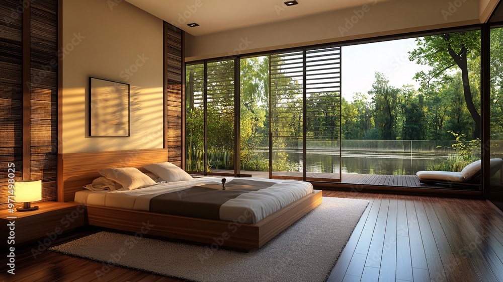 Naklejka premium Modern Bedroom with Large Windows and View of Lake