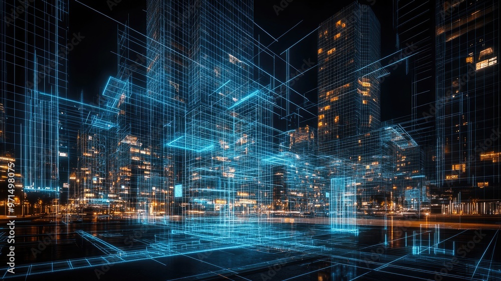 A futuristic cityscape at night with glowing blue lines representing digital infrastructure. A futuristic cityscape at night with glowing blue lines representing digital infrastructure.