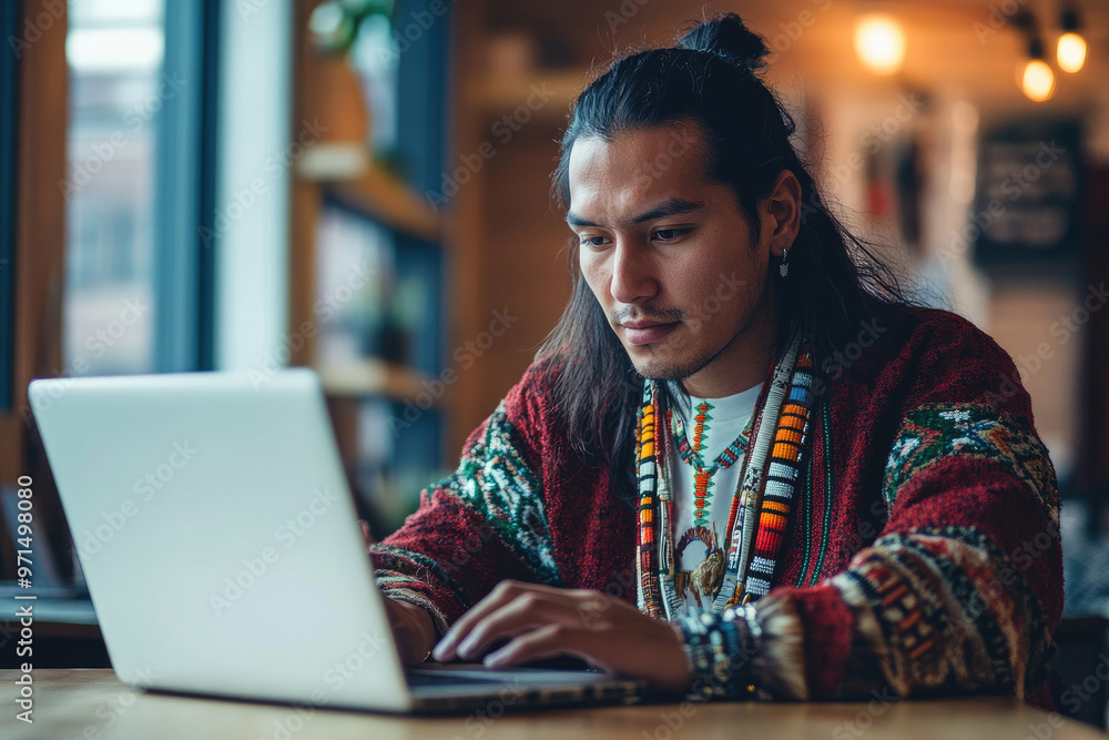 Fototapeta premium young Native American man in modern office working on laptop, blend of tradition and modernity