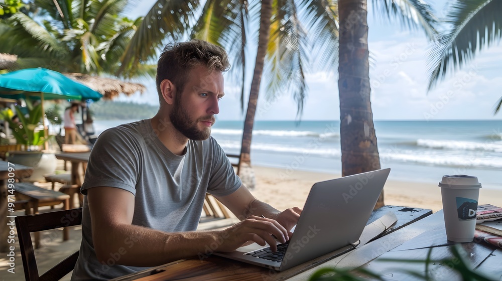 Digital Nomad Working from Beachfront Caf with Laptop Blending Work and Relaxation