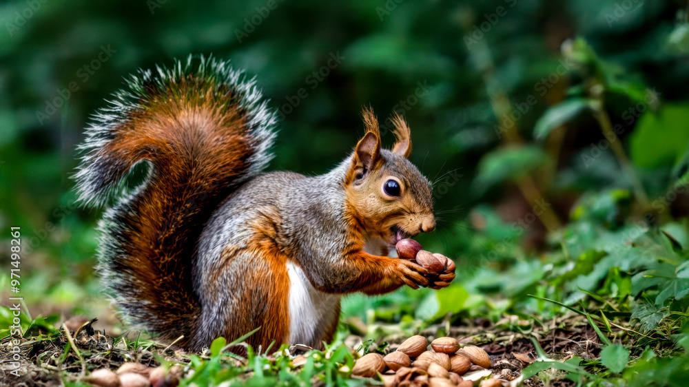 A portrait of a grey squirrel eating hazelnuts from the forest floor. A portrait of a grey squirrel eating hazelnuts from the forest floor.