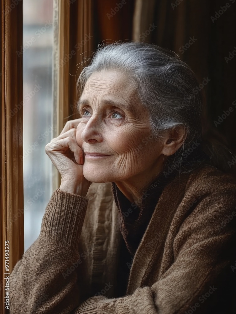 Woman pondering outside window Woman pondering outside window