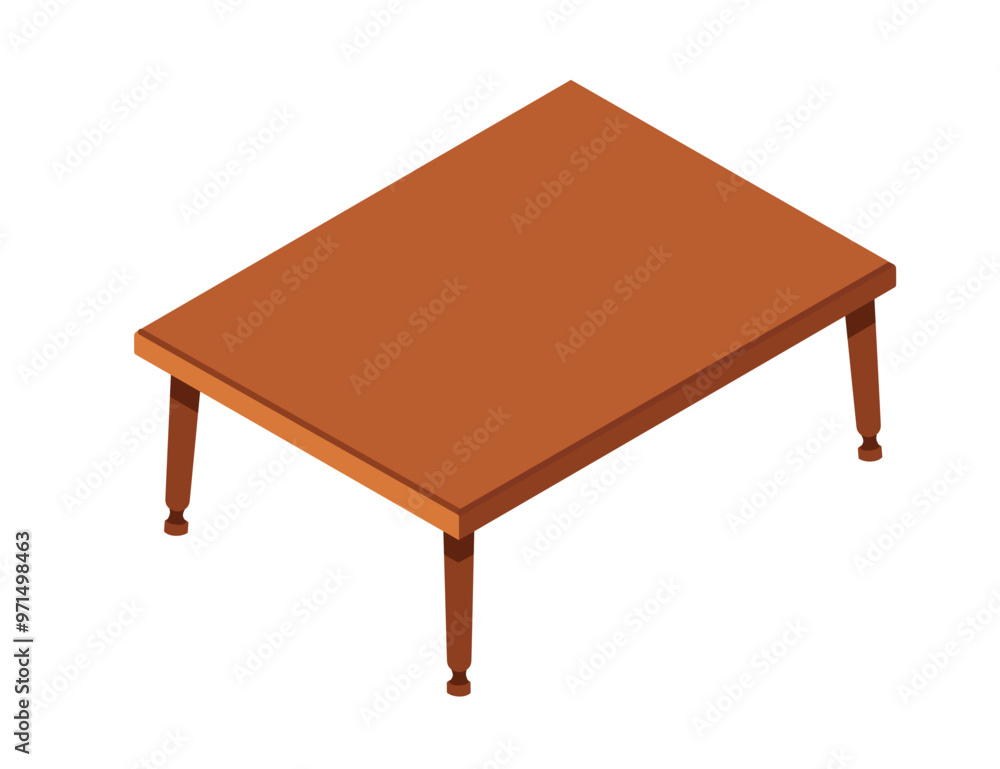 Isometric wooden coffee table. Dark brown wood surface, simple shaped desk. Vector illustration isolated on white background Isometric wooden coffee table. Dark brown wood surface, simple shaped desk. Vector illustration isolated on white background