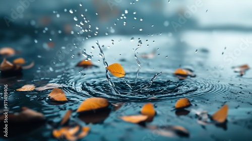  A collection of orange leaves afloat on a water puddle, dripping with individual drops photo