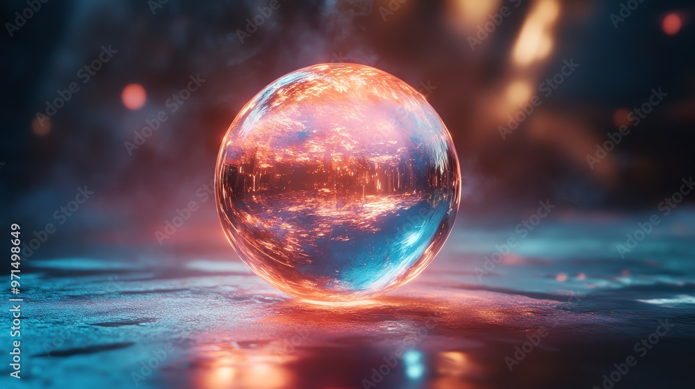 A glowing, crystal sphere sits on a dark, reflective surface. A glowing, crystal sphere sits on a dark, reflective surface.