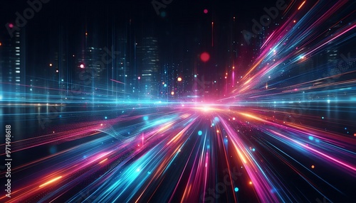 Vibrant Digital Light Trails in Pink, Blue, and Orange on Dark Background