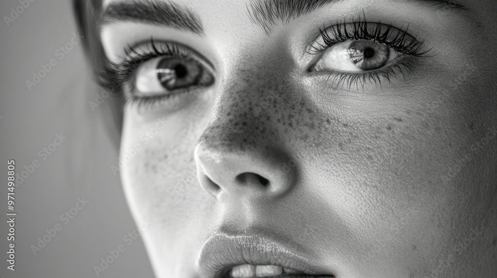 Obraz premium Close-up Black and White Portrait of a Woman's Face with Freckles