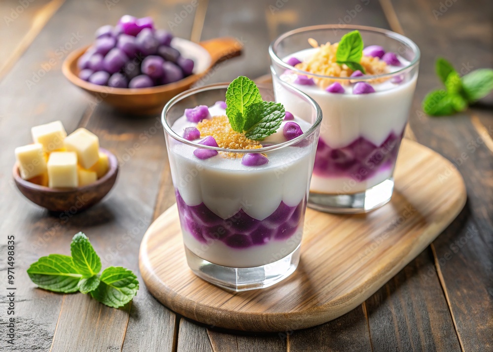 Cool and creamy gulaman dessert infuses coconut cream, served chilled in a glass, adorned with sweet purple yam cubes and chewy tapioca pearls. Cool and creamy gulaman dessert infuses coconut cream, served chilled in a glass, adorned with sweet purple yam cubes and chewy tapioca pearls.