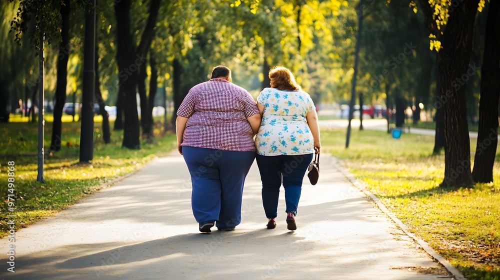 Fototapeta premium A couple walks hand-in-hand along a path in the park.
