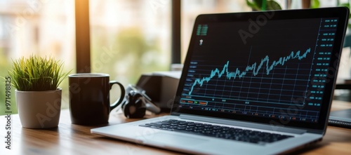 Laptop with stock market charts on the screen, placed in an office setting The laptop is sitting beside coffee mugs and other business equipment on top of a wooden table Generative AI