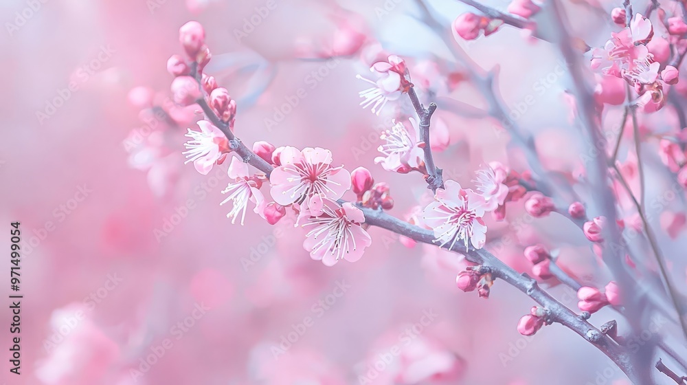 A tree branch with pink blossoms in sharp focus against a backdrop of a pink-hued sky A tree branch with pink blossoms in sharp focus against a backdrop of a pink-hued sky
