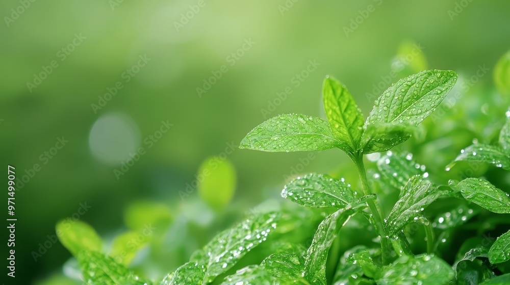 A macro shot of a green leafy plant with dewdrops on its leaves and a softly blurred backdrop A macro shot of a green leafy plant with dewdrops on its leaves and a softly blurred backdrop
