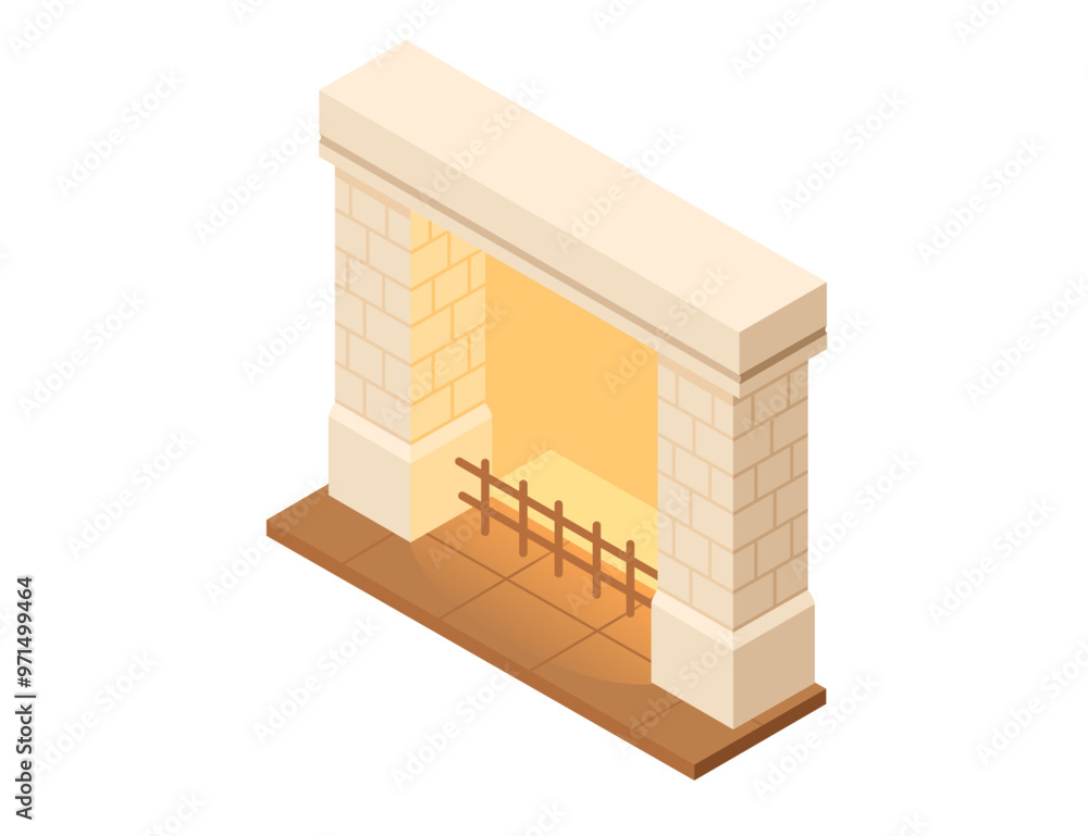 Isometric cozy fireplace made from bricks. Warm home interior decoration furnace. Vector illustration isolated on white background Isometric cozy fireplace made from bricks. Warm home interior decoration furnace. Vector illustration isolated on white background