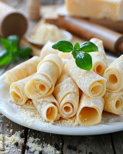 Deliciously crafted rondelli pasta rolls with cheese and ham in a warm, inviting kitchen setting photo