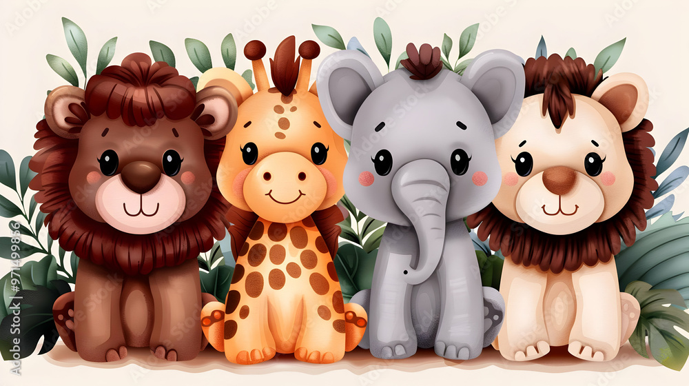 Naklejka premium Watercolor Set With Wild Savannah Animals. Giraffe