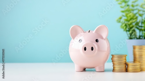 A cute pink piggy bank surrounded by coins, symbolizing savings and financial security in a bright, modern setting.