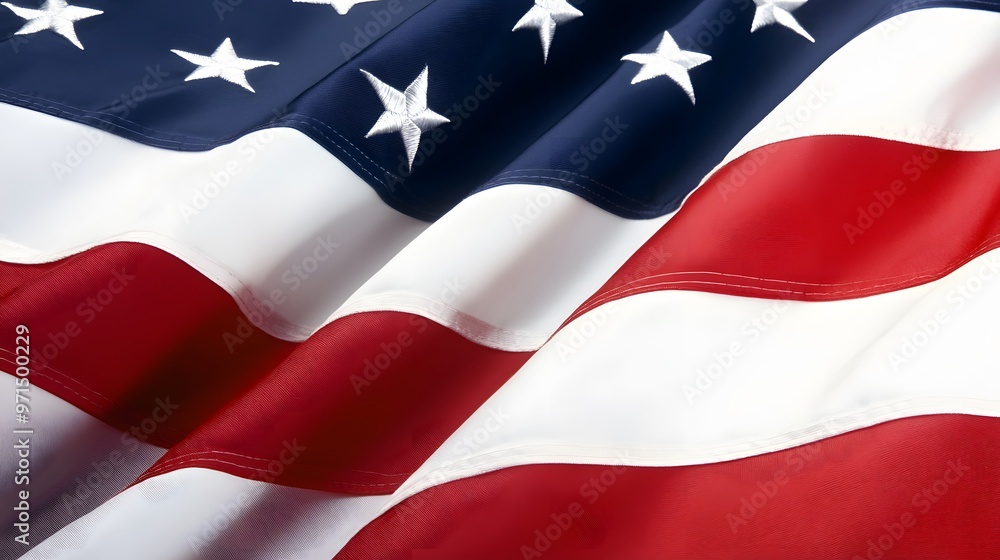 Close-up of the American flag with the red and white stripes in focus. Close-up of the American flag with the red and white stripes in focus.