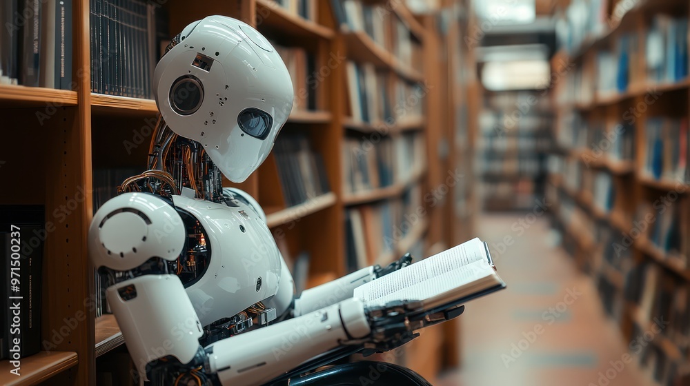 Fototapeta premium Robotic reading the book, literacy, training, data analysis