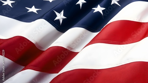 Close-up of the American flag with the red and white stripes in focus.