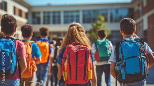 Back-to-school concept with a diverse group of students carrying colorful backpacks, walking towards a school building under a clear sky.