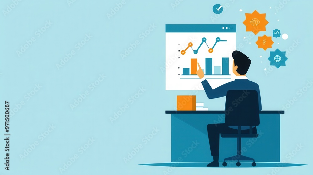 A businessman presents a detailed business plan to a group of executives, pointing at a projected chart displaying growth goals., flat design illustration A businessman presents a detailed business plan to a group of executives, pointing at a projected chart displaying growth goals., flat design illustration