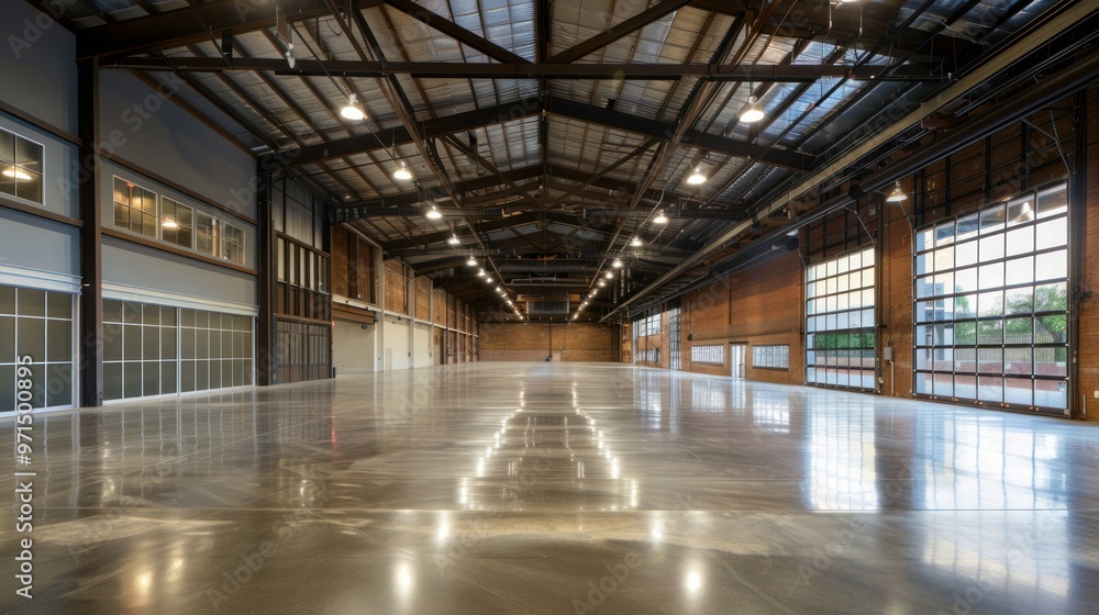 This expansive, modern industrial warehouse features polished concrete ... - Old Modern Warehouse Dedicated Working Aid Floors
