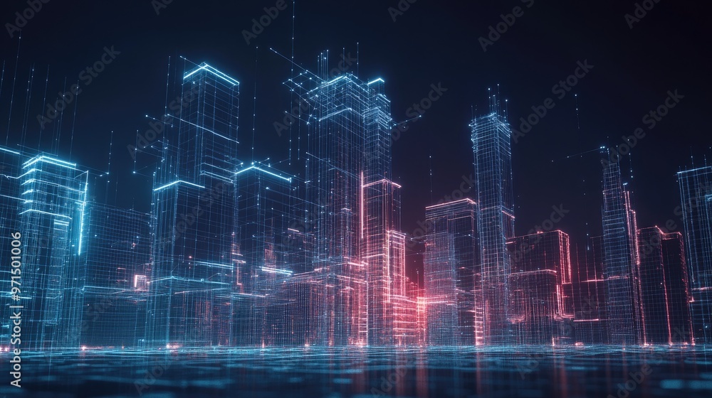 A digital rendering of a futuristic cityscape with neon blue and red lights outlining buildings, representing technological advancement and urban development. A digital rendering of a futuristic cityscape with neon blue and red lights outlining buildings, representing technological advancement and urban development.