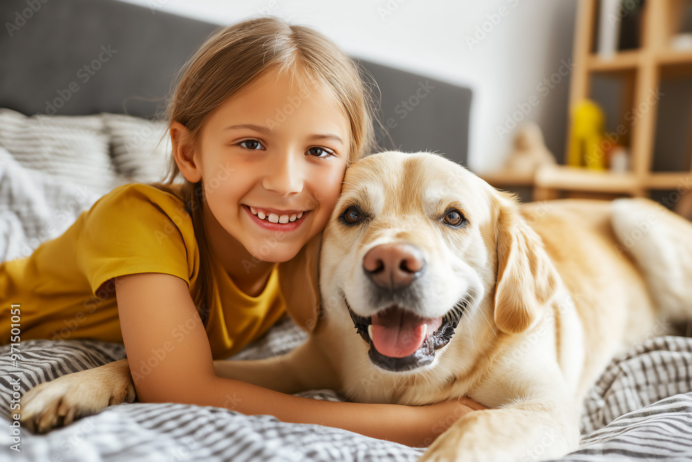 young Caucasian girl smiling and hugging her yellow Labrador Retriever, copy space young Caucasian girl smiling and hugging her yellow Labrador Retriever, copy space
