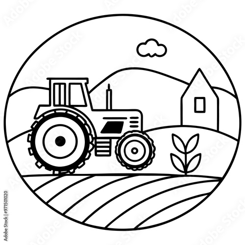 tractor on farming outline coloring book page line art drawing photo