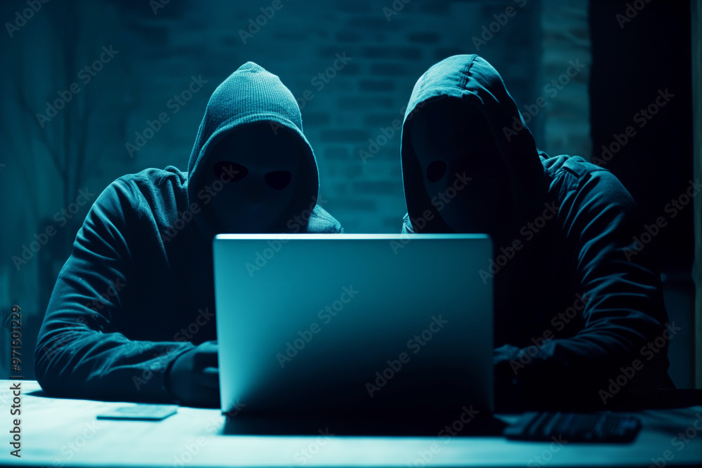 Сybercriminals in front of laptop Сybercriminals in front of laptop
