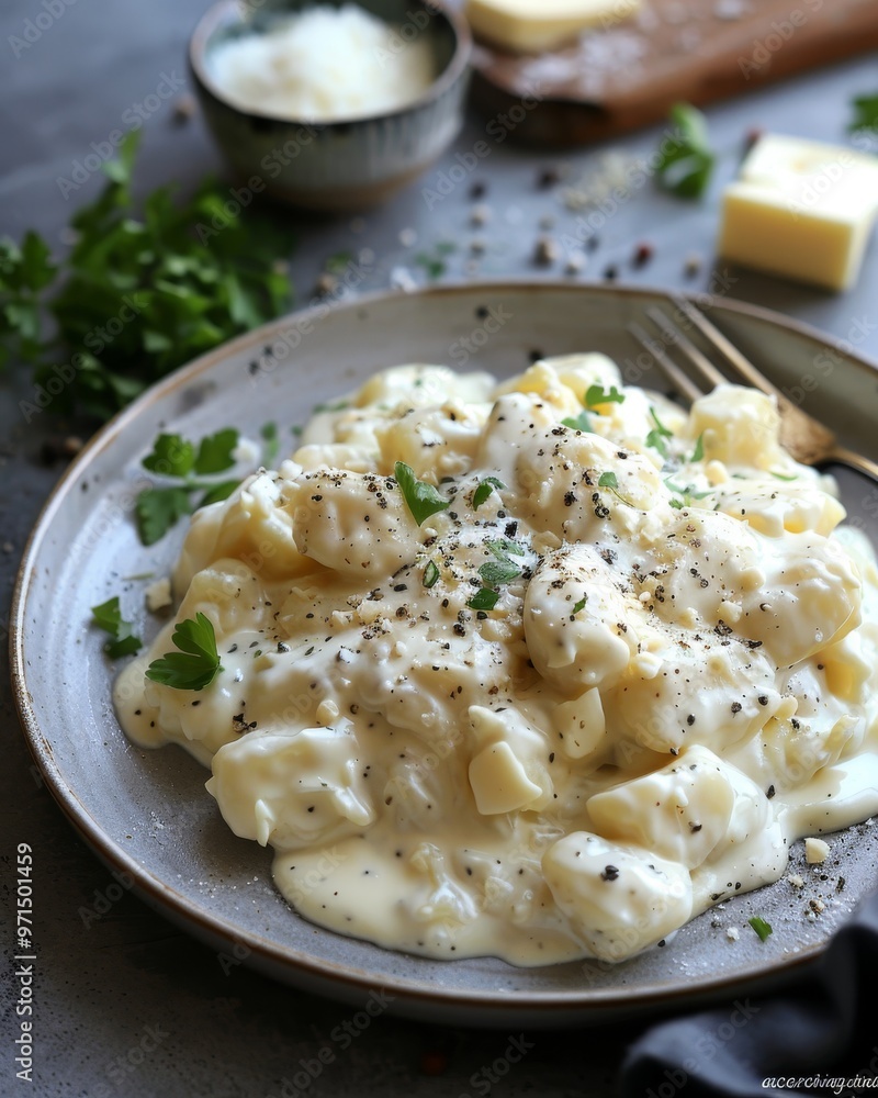 Creamy potato gnocchi with parmesan and herbs, elegantly presented in a cozy kitchen setting Creamy potato gnocchi with parmesan and herbs, elegantly presented in a cozy kitchen setting