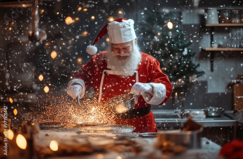 Santa Claus in the kitchen cooking Christmas cookies, sparks flying from the pan, a magical atmosphere, the kitchen decorated for Christmas.