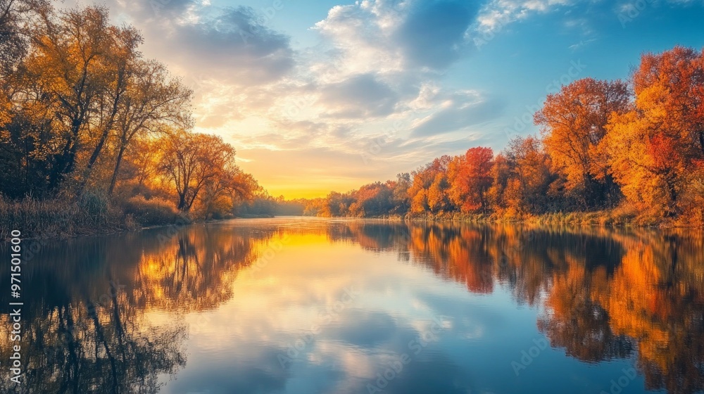 Golden hour over a calm river surrounded by autumn trees with fiery colors, reflecting serene seasonal beauty. Golden hour over a calm river surrounded by autumn trees with fiery colors, reflecting serene seasonal beauty.