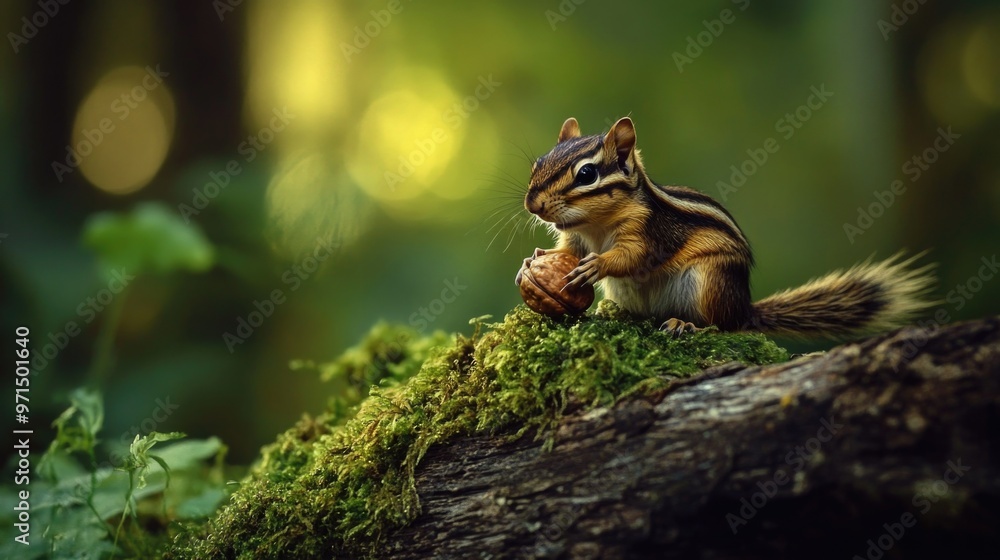 Chipmunk on moss-covered log